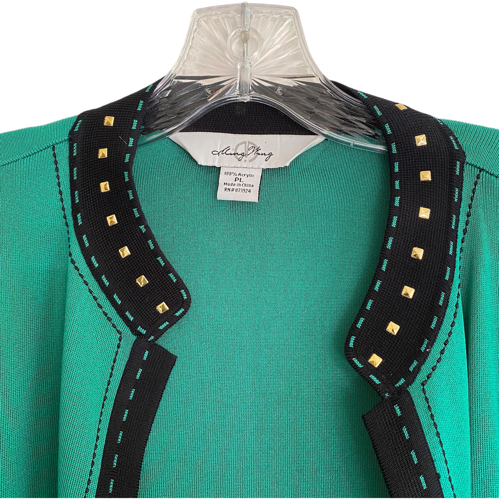 MING WANG Size L Cardigan Open Front Green Black Gold Metal Studs - Picture 2 of 9